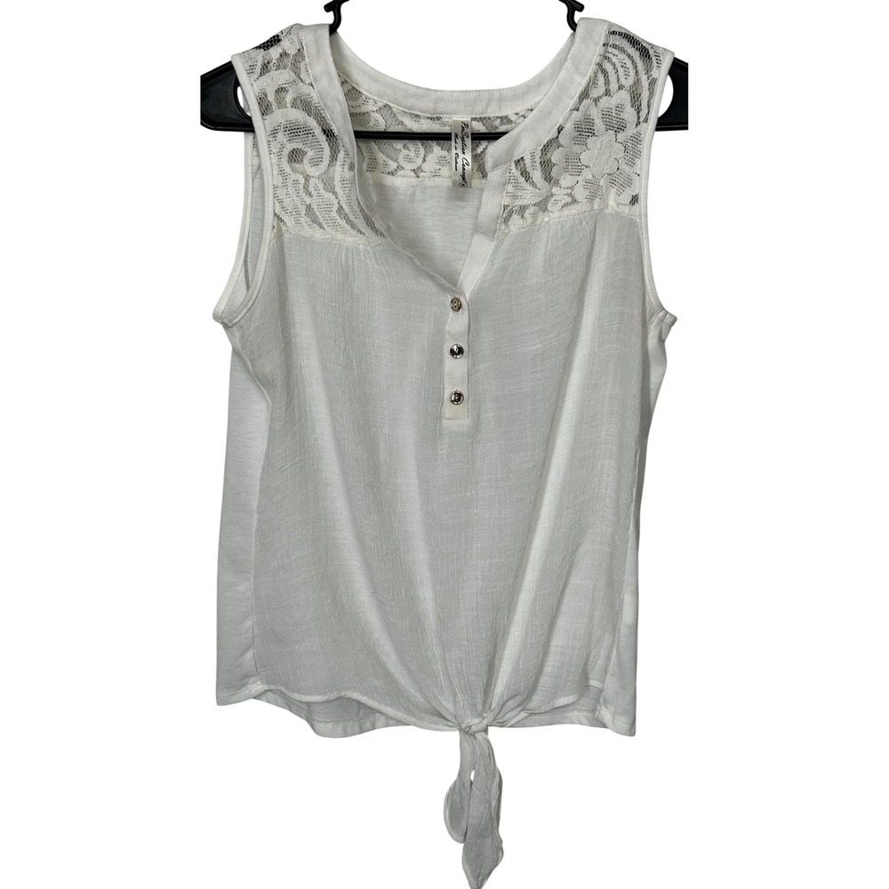 PerSeption Concept White Sleeveless Blouse‎ Lace Shoulders Tie Front Women's Med